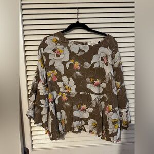 Ava Sky Floral Brown Blouse with Bell Sleeves